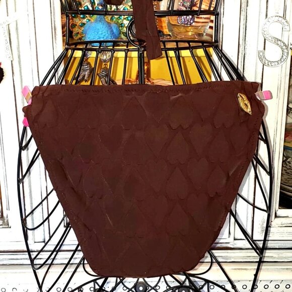 Vintage Betsey Johnson Bikini Pink 3D Rose Brown Hearts Fabric Swimsuit Size L M - Picture 10 of 14